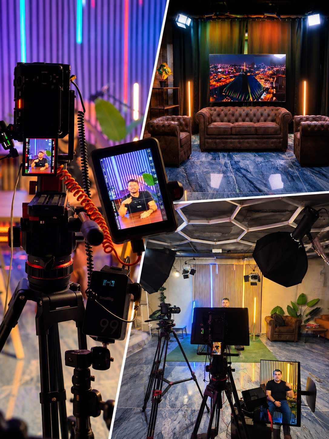 Viral Estudios: cámara grabando con monitor, sala Chesterfield y plató con teleprompter