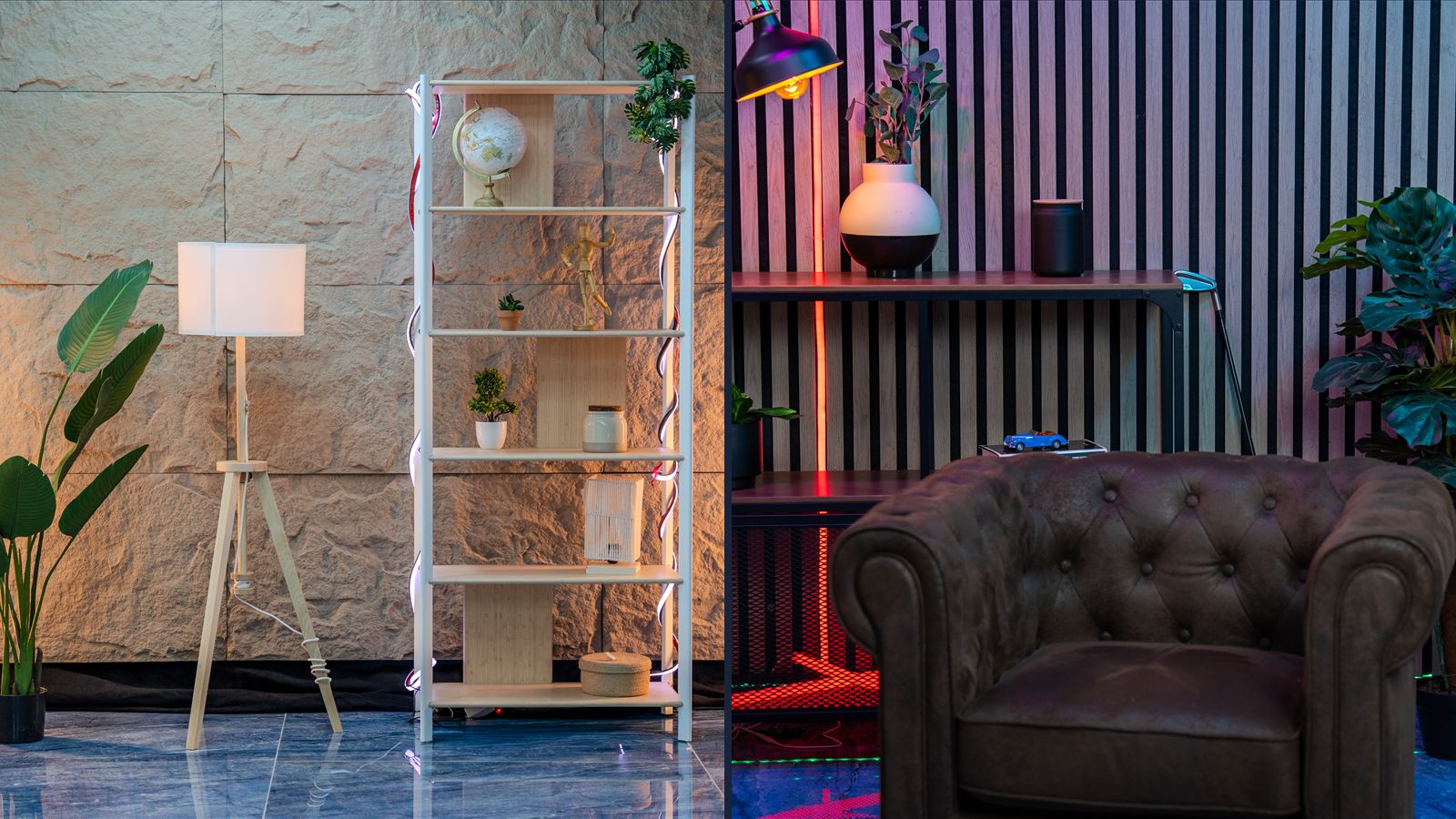 Dos sets del estudio: pared de roca con estantería y listones de madera con sillón Chesterfield